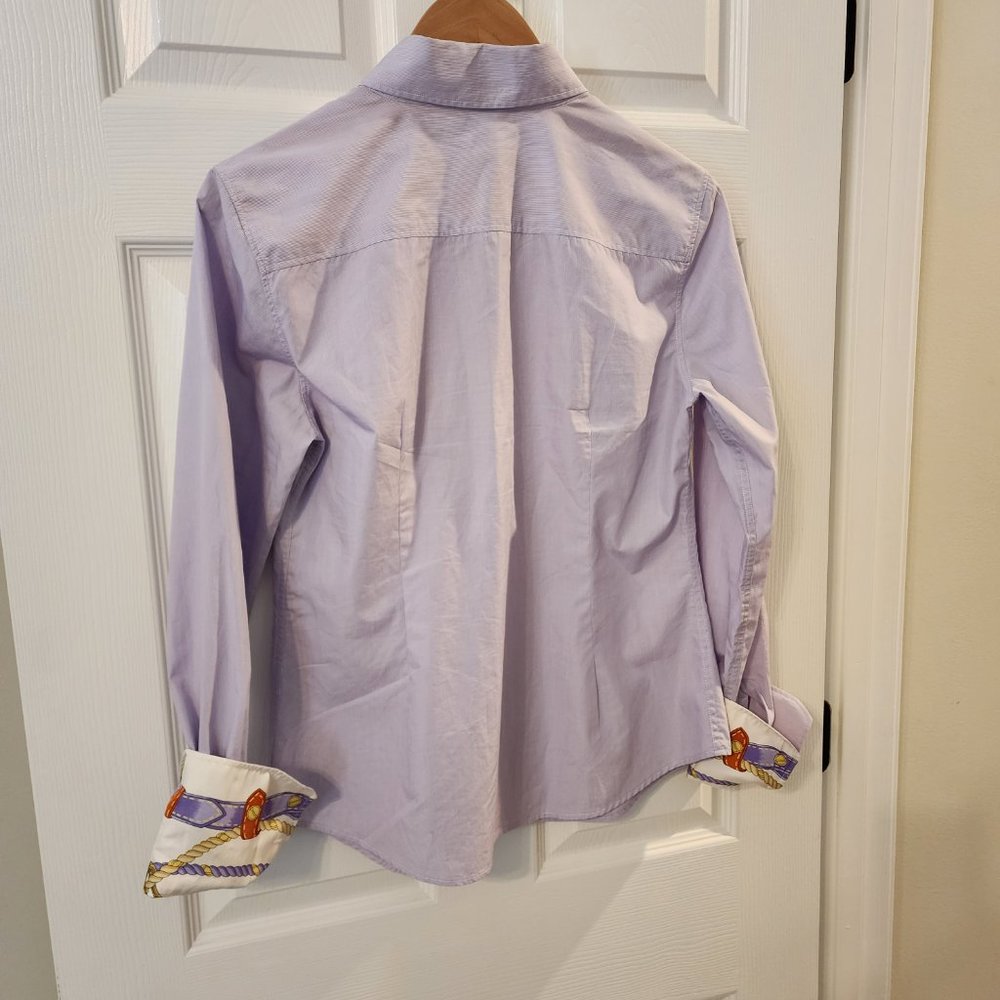 J. McLaughlin Purple Thin White Stripe Button Down Shirt with Silk cuffs Size 8 - Picture 9 of 14